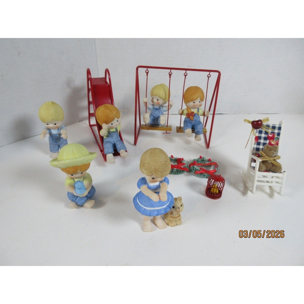 Enesco Porcelain Figurines Playground Set Slide Swing Kids Overalls Decor 11pc